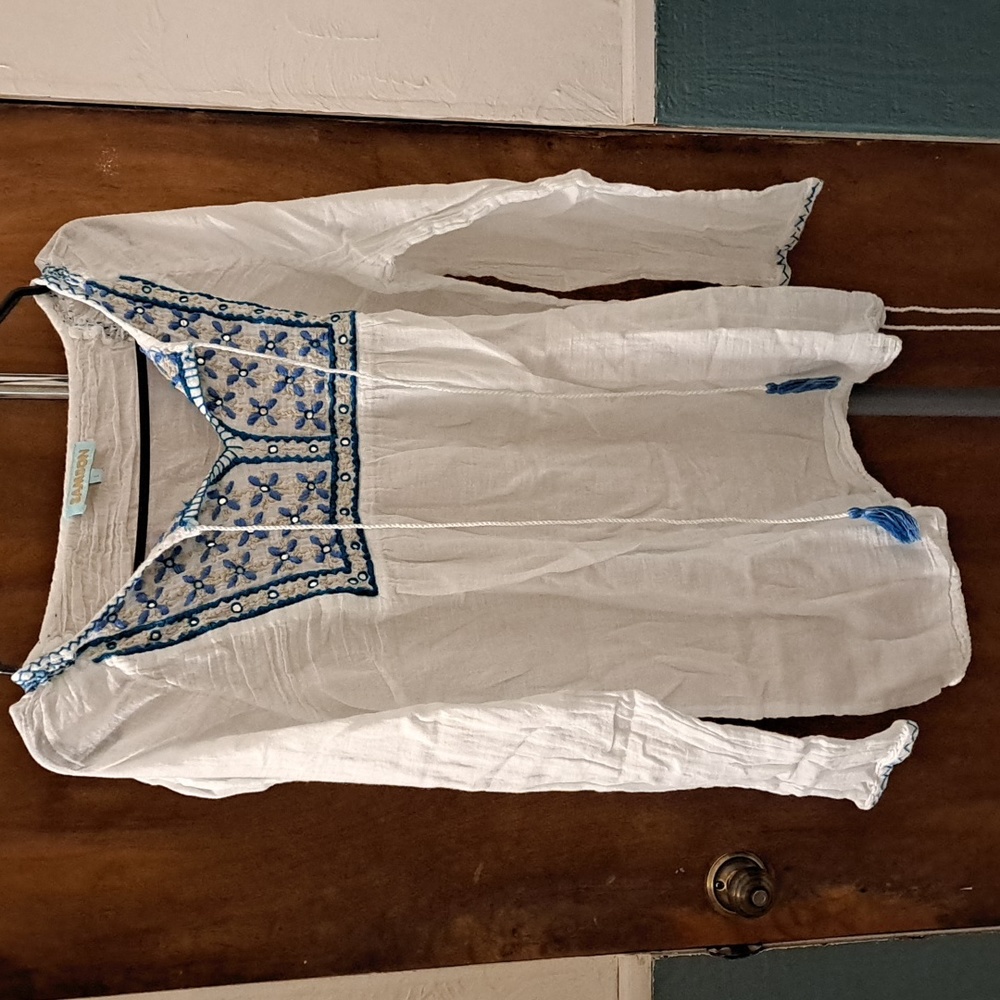 Samson Large White Long Sleeve Blouse - Nlue Embroidery around Neckline on Front